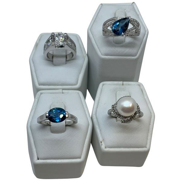4 Rings Stamped .925 - Variety of Colours & Materials - Widest ring face is 16 mm * Total weight: 19