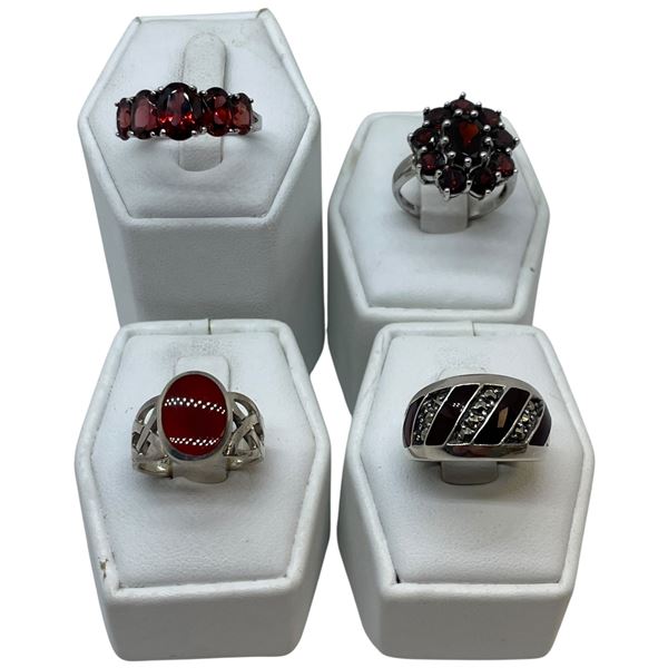 4 Natural Stone & Crystal Rings Stamped .925 - (Garnet Crystal, Carnelian, and Marcasite) Widest rin