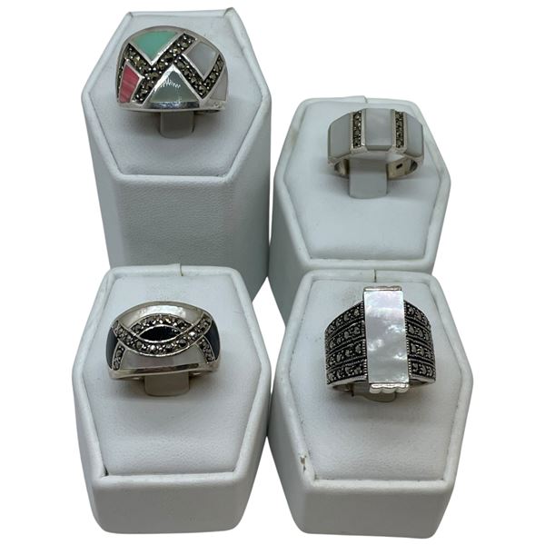 4 Natural Gemstone & Mother-of- Pearl Rings Stamped .925 - Widest ring face is 19 mm * Total weight: