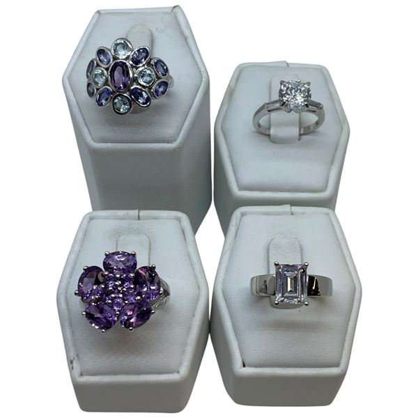 4 Blue Topaz , Amethyst & Clear Crystal Rings Stamped .925 - Widest ring face is 19 mm * Total weigh