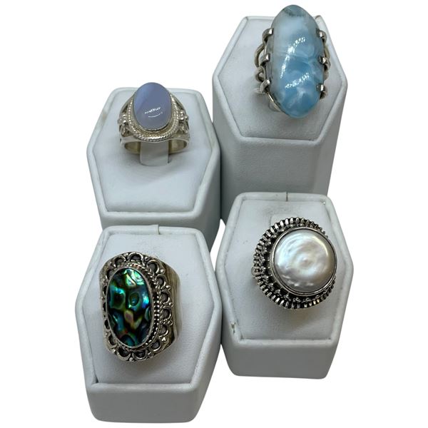 4 Natural Gemstone, Abalone & Mother-of- Pearl Rings Stamped .925 - Widest ring face is 29 mm * Tota