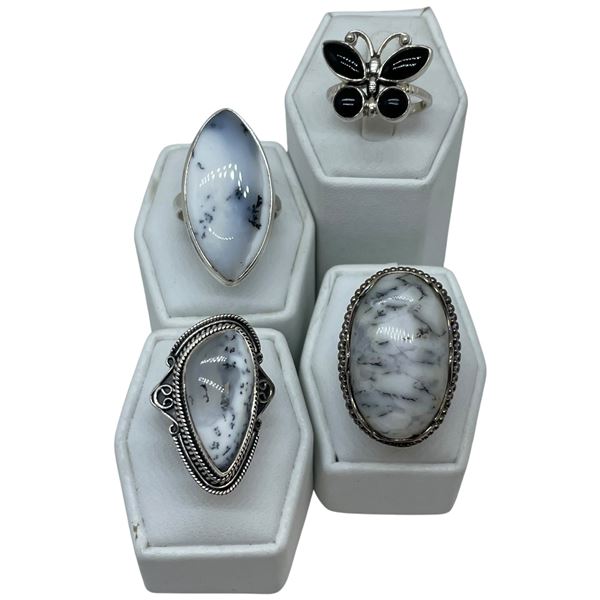 4 New Rings * all stamped .925 * (White Buffalo Turquoise and Black Onyx)  Longest ring  is 36mm * T