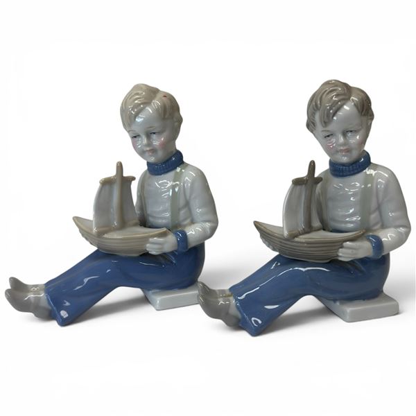 2 German Fine Porcelain "Boy with Sail Boat" Figurines * Attributed to Wagner and Apel - 3" x 5" x 5