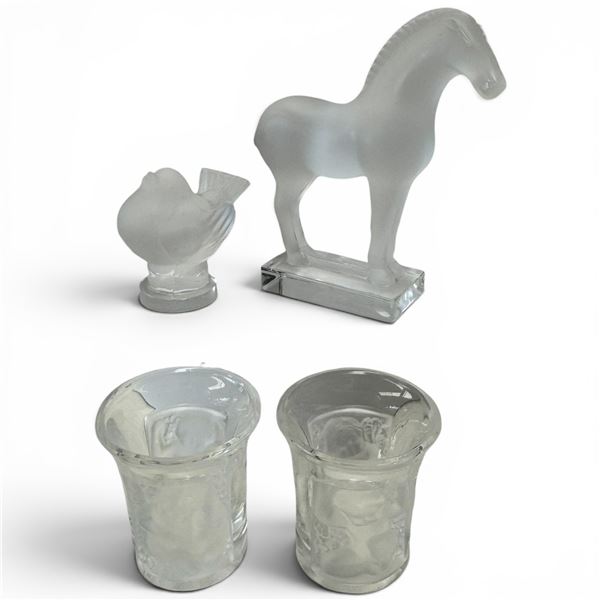 4 Lalique Frosted Crystal Collectibles (2.5" Tang Horse, Bird and 2 "Les Enfants" Shot Glasses )- Si