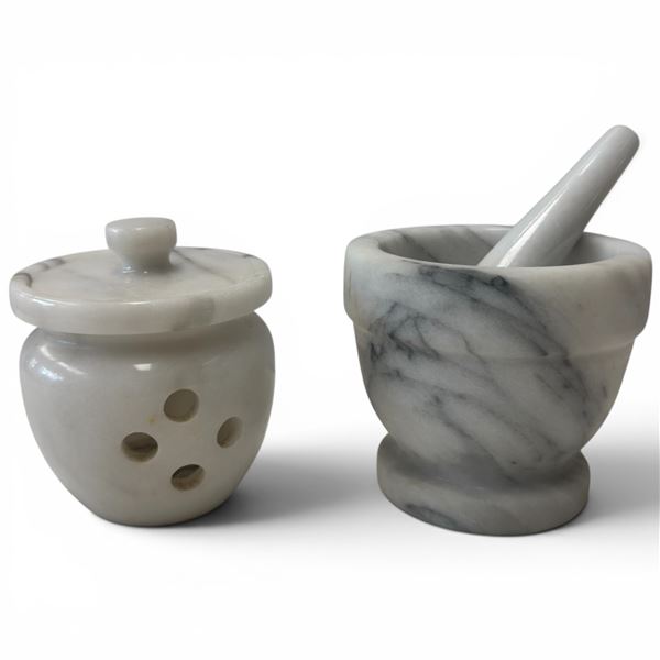 Marble Mortar & Pestle with Matching Vented Garlic Keeper Jar - Mortar is 5" tall x 5" diameter