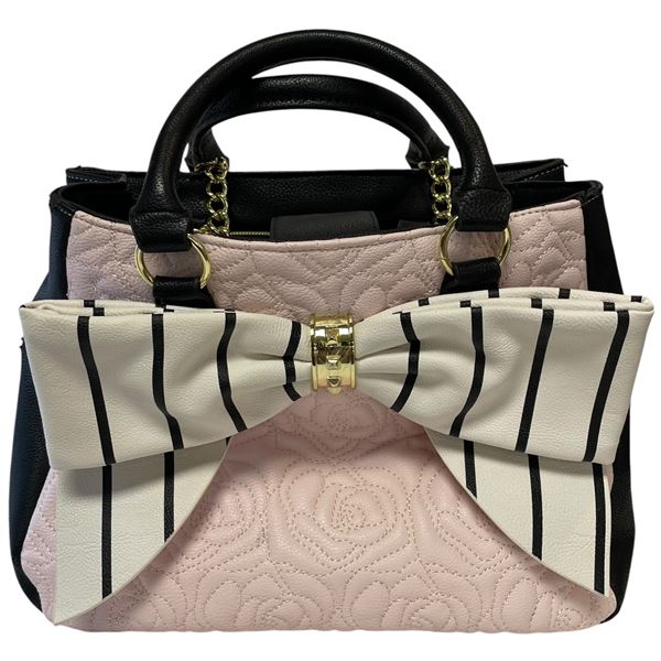 Betsy Johnson Pink Quilted Rose Patterned Satchel with Large Bow - Complete with Shoulder Chain