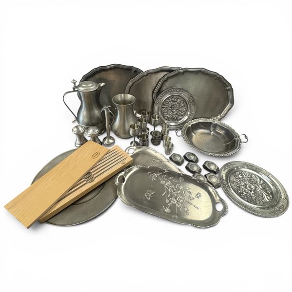 Group of Danish, German and North American Pewter (Napkin Rings, Shot Glasses, Trays and more)