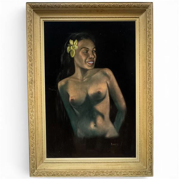 Mid-Century Polynesian Black Velvet Painting - Signed "Dives" (Frame Dimensions: 30" x 42")