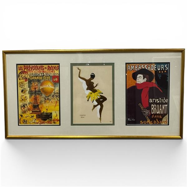 Framed Art Card Triptych of Vintage French Images "Les Prévoyants de l'Avenir, Josephine Baker, & Am