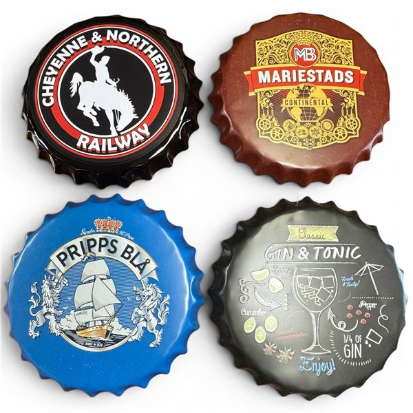 4 New Metal 16" Bottle Cap Novelty Signs (Cheyene & Northern Railway, Mariestads, Pripps Bla, & Gin 