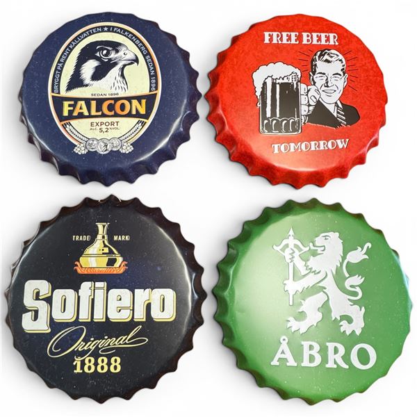 4 New Metal 16" Bottle Cap Novelty Signs (Falcon, Abrio, Free Beer, & Sofiero)