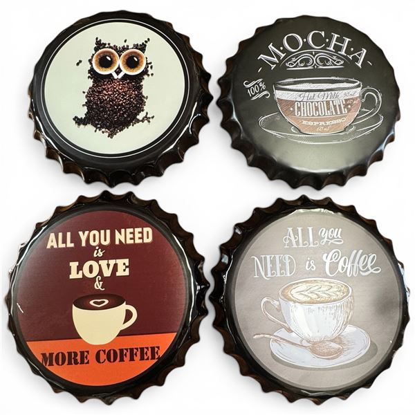 4 New Metal 16" Bottle Cap Novelty Signs (Owl, Mocha, & 2 Coffee Themed)