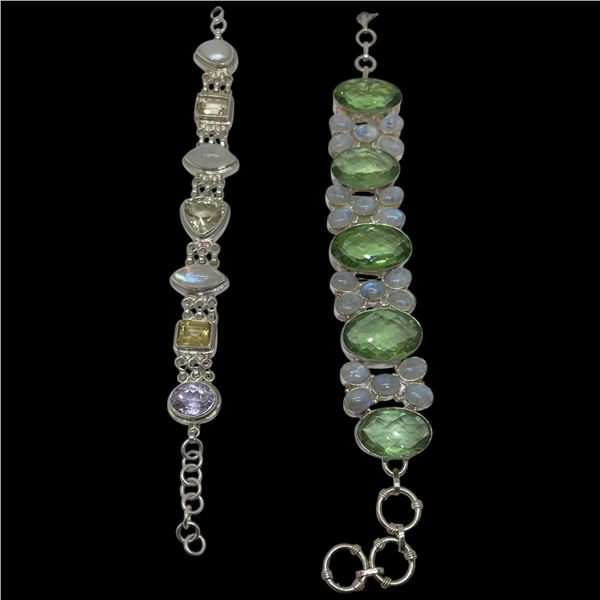 2 Toggle Bracelets Stamped .925 (Natural Gemstones, Moonstones, and Crystals) - Widest bracelet is 1