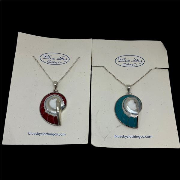 2 New Carved Nautili's Shell Necklaces Set in Sterling Silver on 16" Sterling Chains - Shells are 29