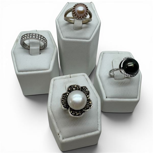 4 Rings Stamped .925 (Coloured & Faux Pearls with Crystal Accents) Widest ring face is 19 mm * Total