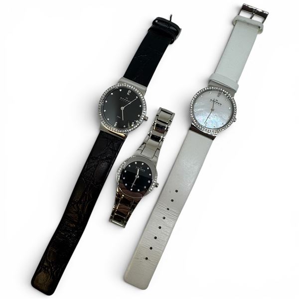 3 Skagen Ladies Wrist Watches - 2 Have Leather Bands - Gently Worn - Largest face is 32mm