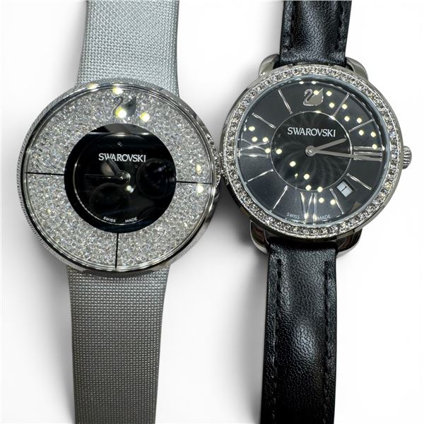 2 Swarovski Wrist Watches with Leather Bands - Largest Face is 40mm - Very Gently Worn