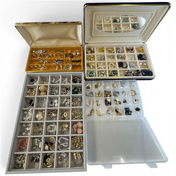 100 Pairs of Quality Fashion Earrings Pierced Ears * 2 Jewel Boxes & 2 Trays - Excellent Condition -