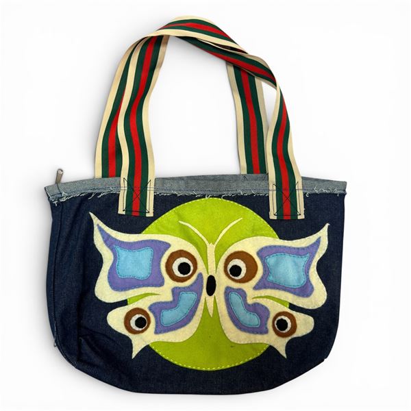 Original Paul Johnny Wearable Art Tote Bag (Butterfly design)- Hand Stitched Flannel & Denim- First 