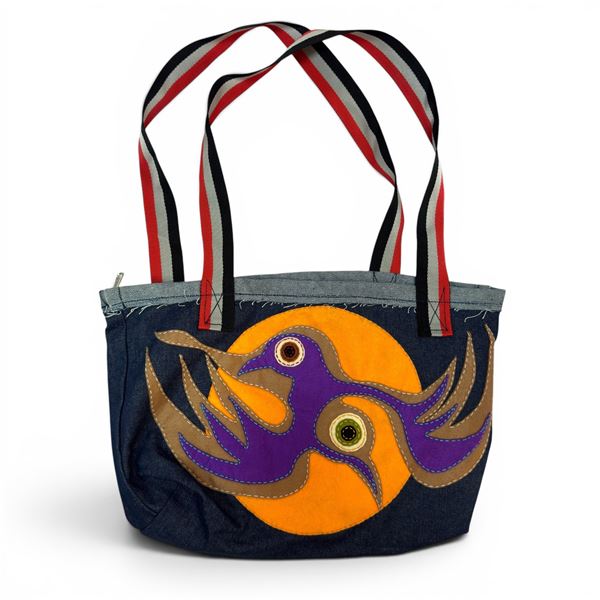 Original Paul Johnny Wearable Art Tote Bag (Hand Stitched Flannel & Denim- First Nations Design (13"