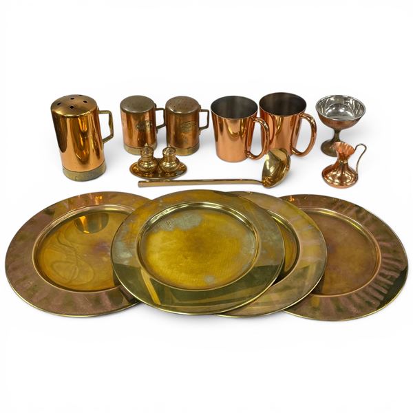 Group of Copper and Brass Kitchenware - Large Salt & Pepper Shaker, Platters, Ladle and More