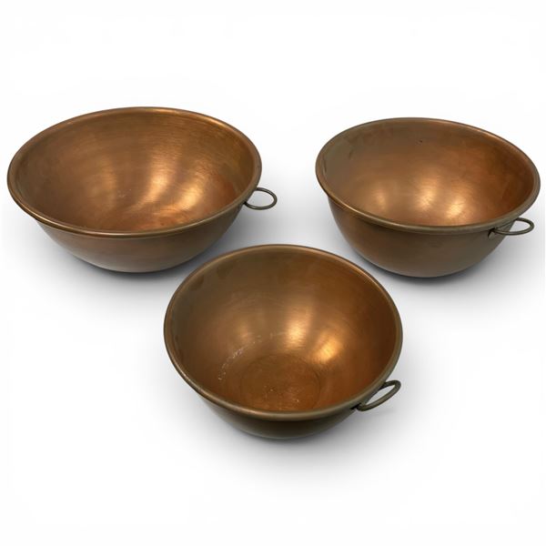 Set of 3 Copper Mixing Bowls with Brass Rings for Hanging (Largest is 12" Diameter X 6" Deep)