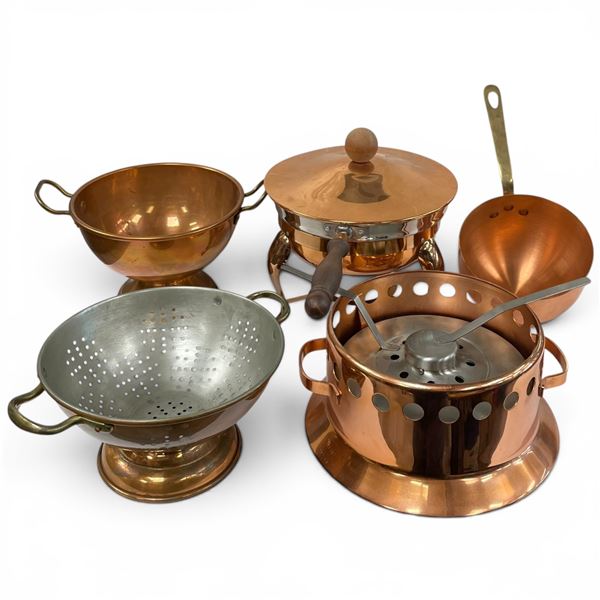 5 Piece Group of Copper Kitchenware - Chafing Dish & Fondue Base, Round Bottom Double Boiler Pot & C