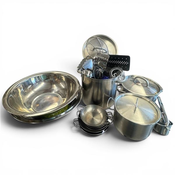 Group of Stainless Steel Pans & Kitchenware - Utensils, 20" Mixing Bowl, Lidded Pots & More - Most B