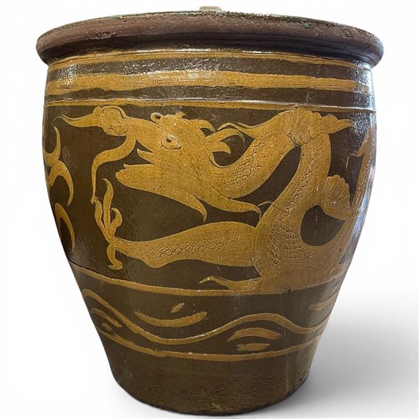 Chinese Large Size Glazed Pottery Dragon Egg Pot with Blue Interior - Excellent as a planter (20" ta