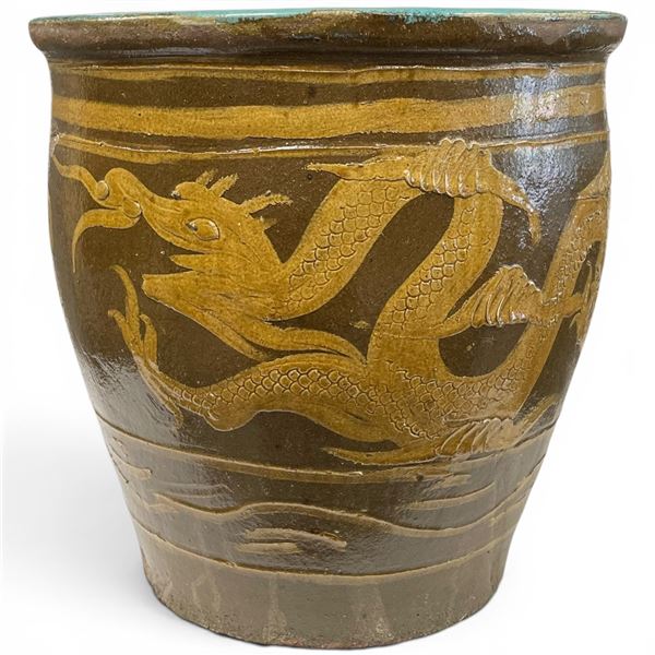 Chinese Medium Size Glazed Pottery Dragon Egg Pot with Blue Interior - Excellent as a planter (17" t