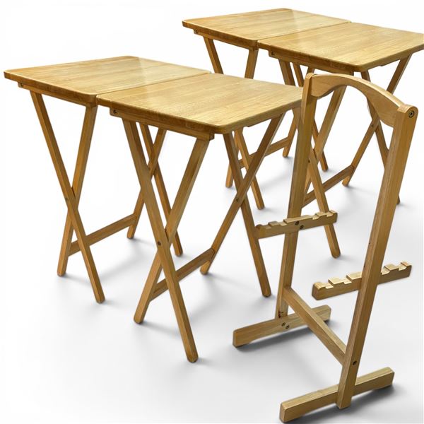 Pine Wood TV Tray Set on Stand - 4 Foldable TV Tables