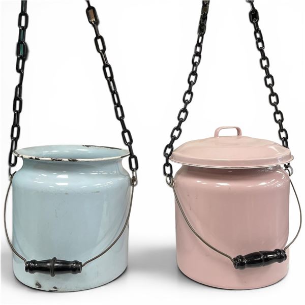 2 Vintage Enameled Farmhouse Pails on Chains - Great for hanging planters (10" tall x 9" diameter)
