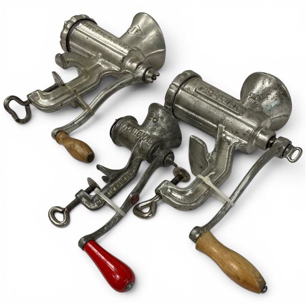 3 Vintage Meat Grinders - National #25, Porkert #10, and SIF England
