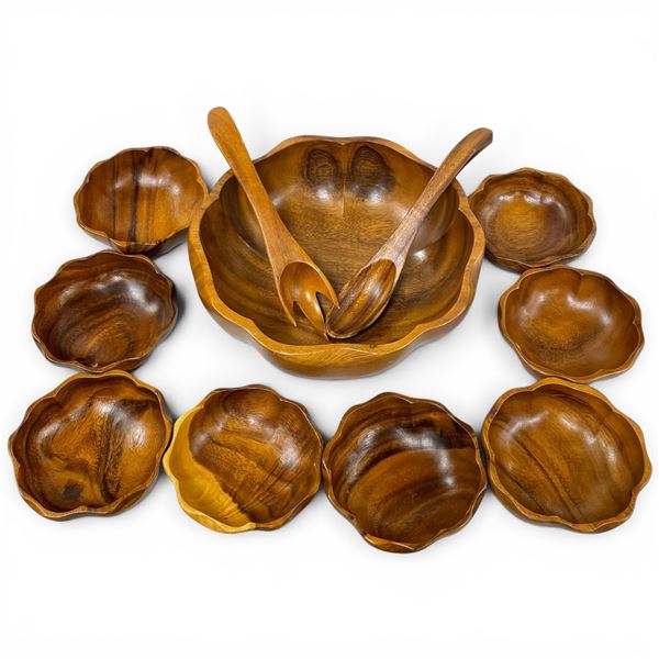 Mid-Century Modern Monkey-Pod Wood Salad Bowl Set  by Alii Hawaii - Complete with Large Bowl, 8 Sing