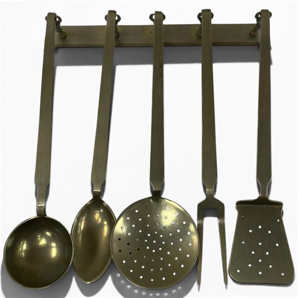 Vintage Brass Heavy Duty Kitchen Utensil Set on Hanging Rail (Ladle, Skimmer, Serving Fork, Spatula