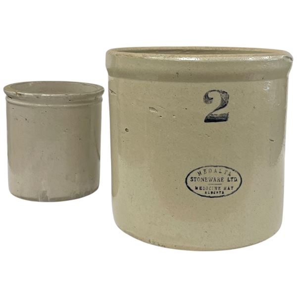 2 Gallon Medalta Stoneware Crock & Smaller Crock with No Name - No Lids