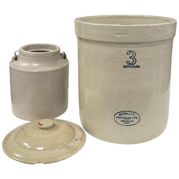 3 Imperial Gallon Medalta Stoneware Crock & Smaller Crock with No Name -1 Lid