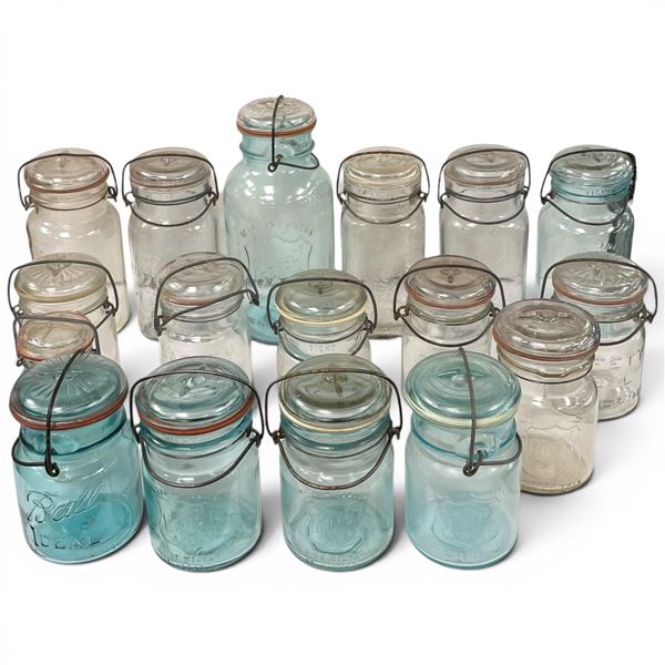 Collection of 16 Ball, Perfect Seal & Other Mason Jars with Wire Bail Closures