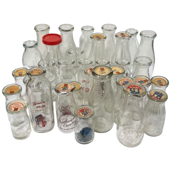 Group of Vintage Clear Glass Milk and Cream Bottles - Many with their cardboard tabs - Union Milk, N