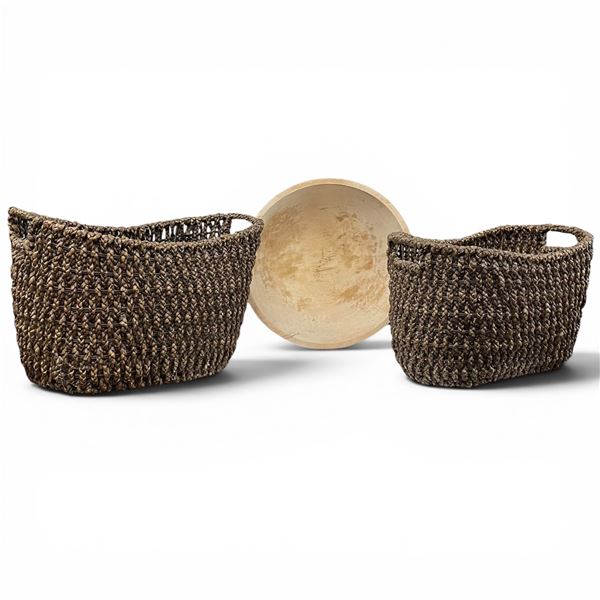 2 Woven Water Hyacinth Baskets and 17" Diameter Wood Bowl