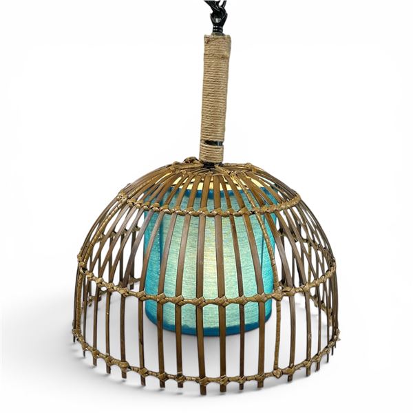 Rivièra Maison San Carlos Pendant Lamp - Bamboo cage design and blue inner shade