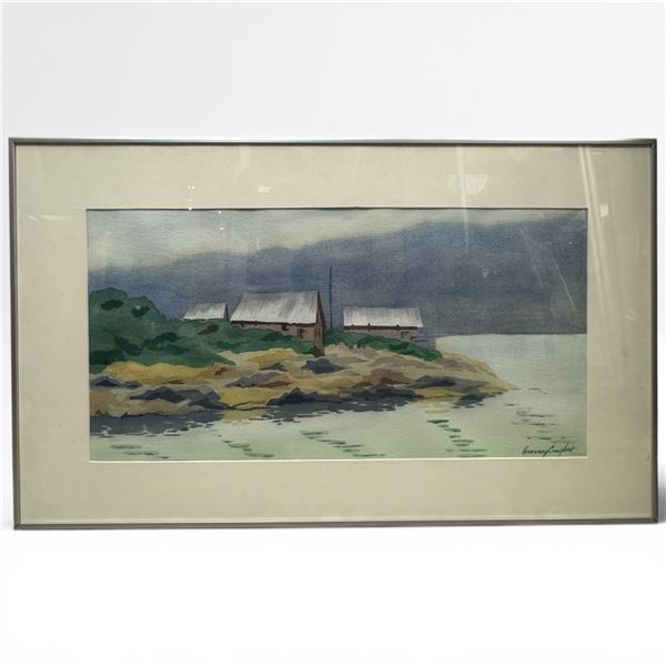 Original Mary Crawford Watercolour of Coastal Boathouses - Signed - (Frame dimensions: 30" x 18.5")