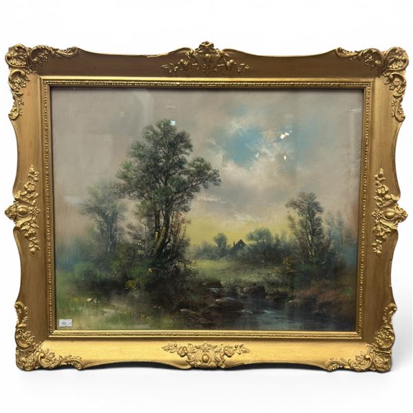 Vintage Impressionist Lithograph of a Pastoral Landscape - Signature may be Chandler - Lovely gilded
