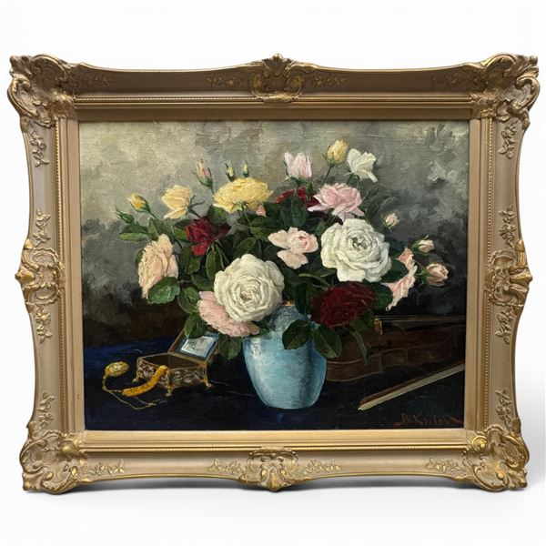 Original Boris Krilov Oil Painting on Canvas "Still Life with Flowers" Signed by Artist (Frame dimen