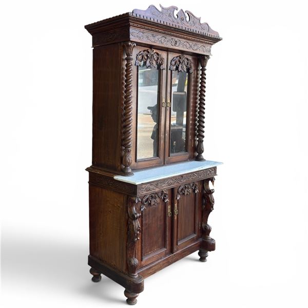 French Renaissance Revival Carved Oak Hunt Cabinet (white marble top, barley-twist columns, and orna