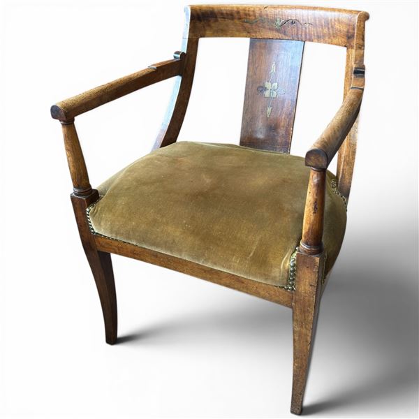 Antique Directoire-Style Oak Arm Chair with Green Velvet Upholstery & Nail Head Detail