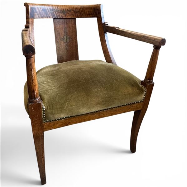 Antique Directoire-Style Oak Arm Chair with Green Velvet Upholstery & Nail Head Detail