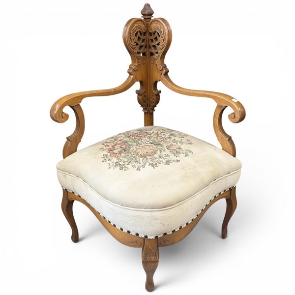 Louis XV Style Carved Walnut Corner Chair with Pierced Splat Back and Floral Tapestry Seat