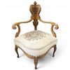 Image 1 : Louis XV Style Carved Walnut Corner Chair with Pierced Splat Back and Floral Tapestry Seat