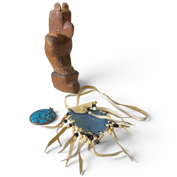 First Nations Artifacts: Hand Carved Thunderbird Totem, Medicine Bag & Turquoise Pendant